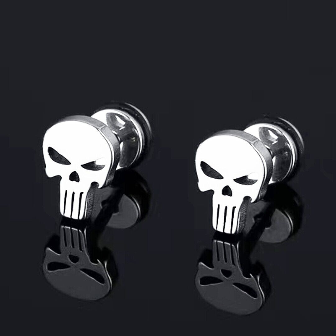 Men Silver Punisher Skull Stud Earrings Surgical Steel Punk Retro Rock Jewelry