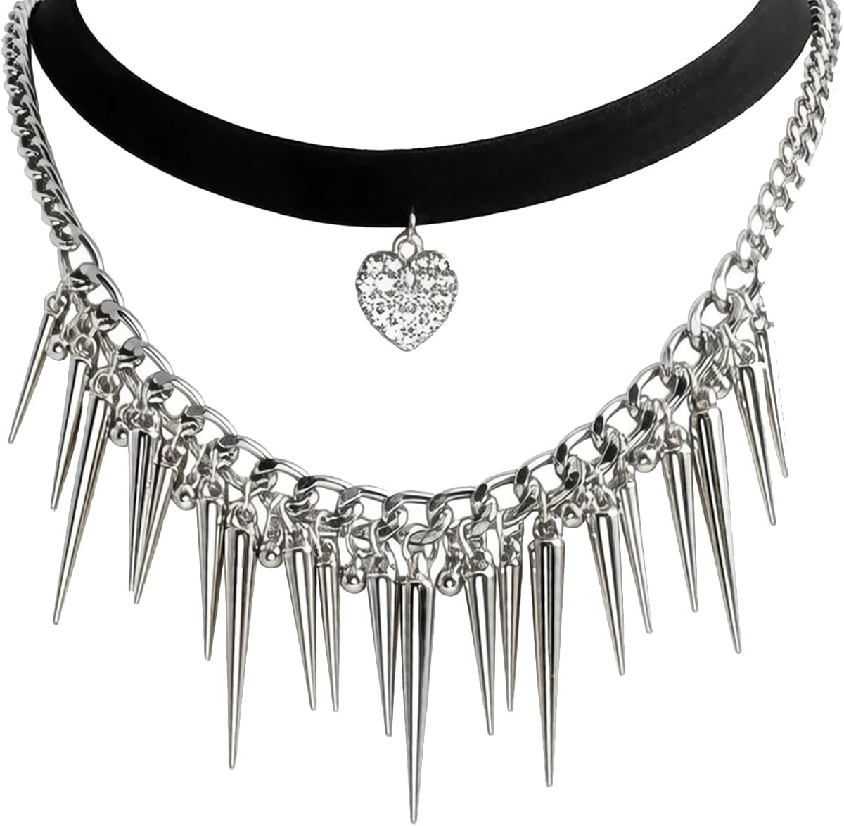 Spike Fringe Charm Layered Chain Choker Velvet Ribbon Heart Pendant Necklace for