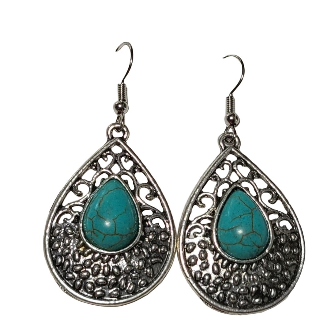 Silver Turquoise Stone Drop Dangle Fashion Earrings