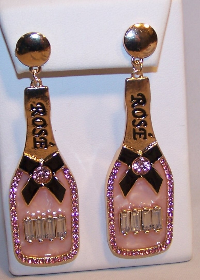 Rose Wine Bottle Earrings Rhinestones Pink Clear Stones-New