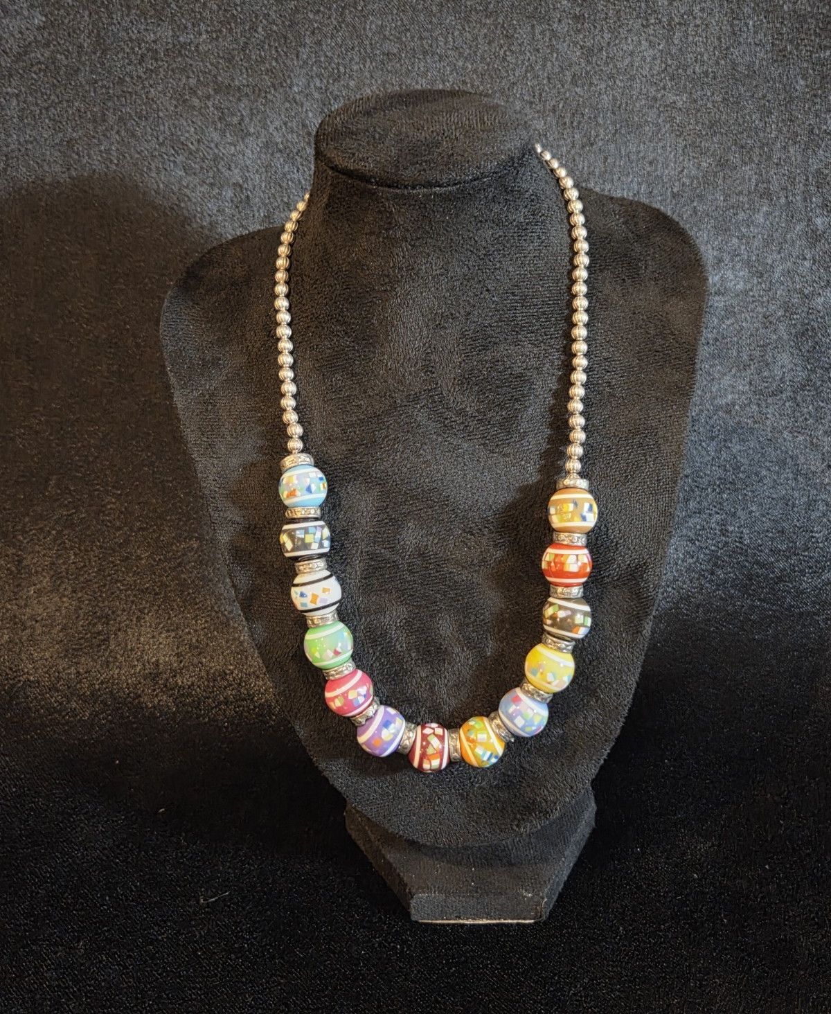 Vintage Colorful Mosaic Bead Statement Necklace Silver Ball Chain 17″