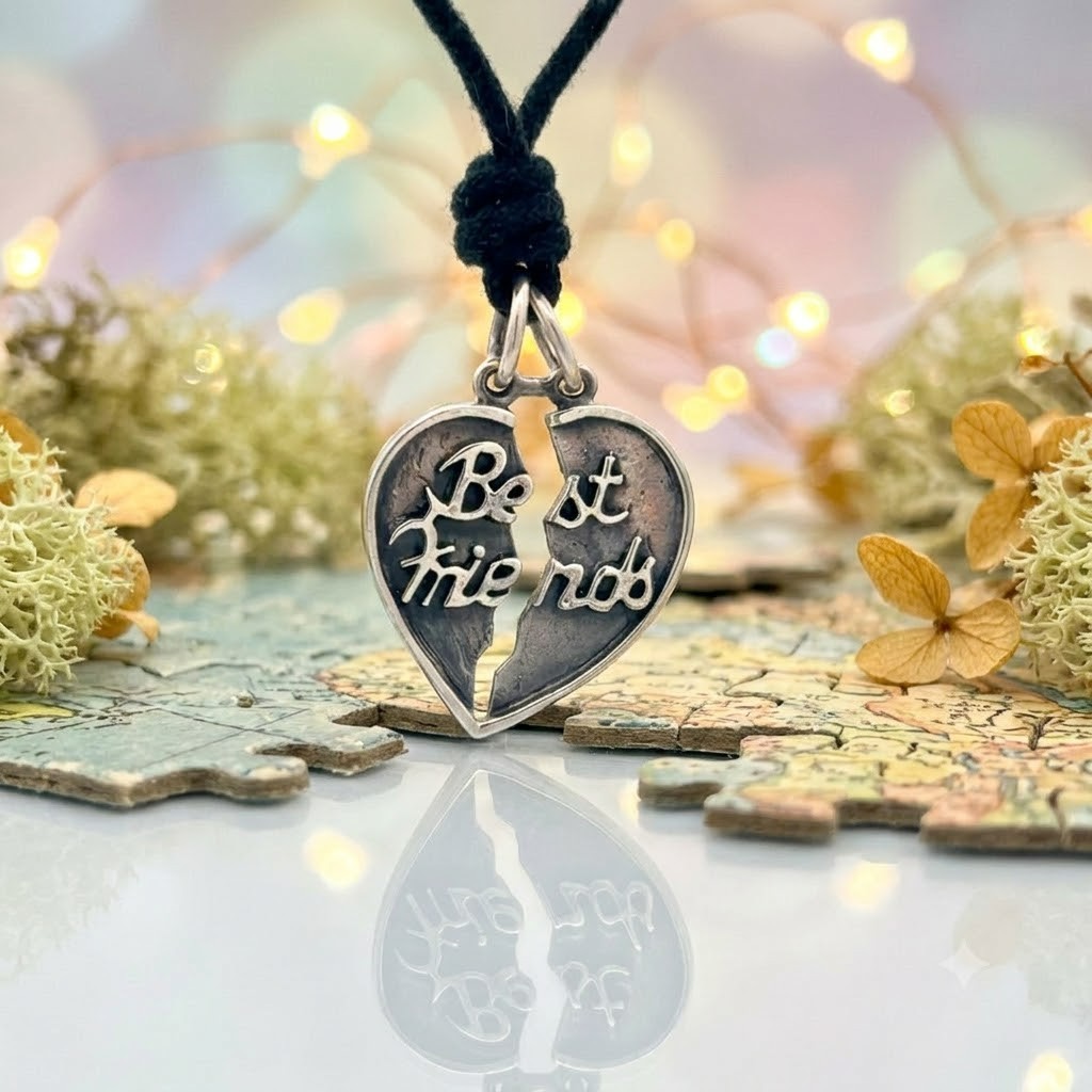 92.5 Sterling Silver Best Friends Broken Heart Pendant Charm With Cotton Cord