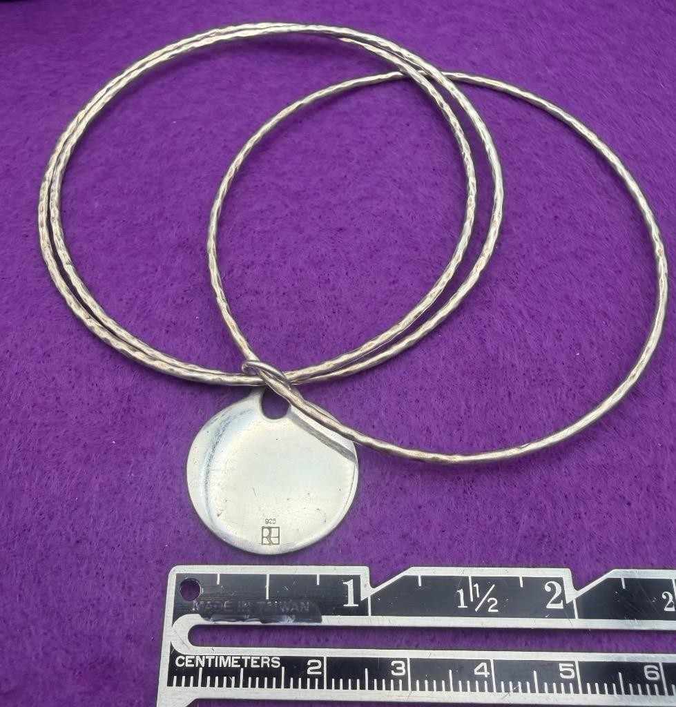 Triple Sterling Silver 925 Bangle Bracelet with Charm Designer Signed 17 grams
