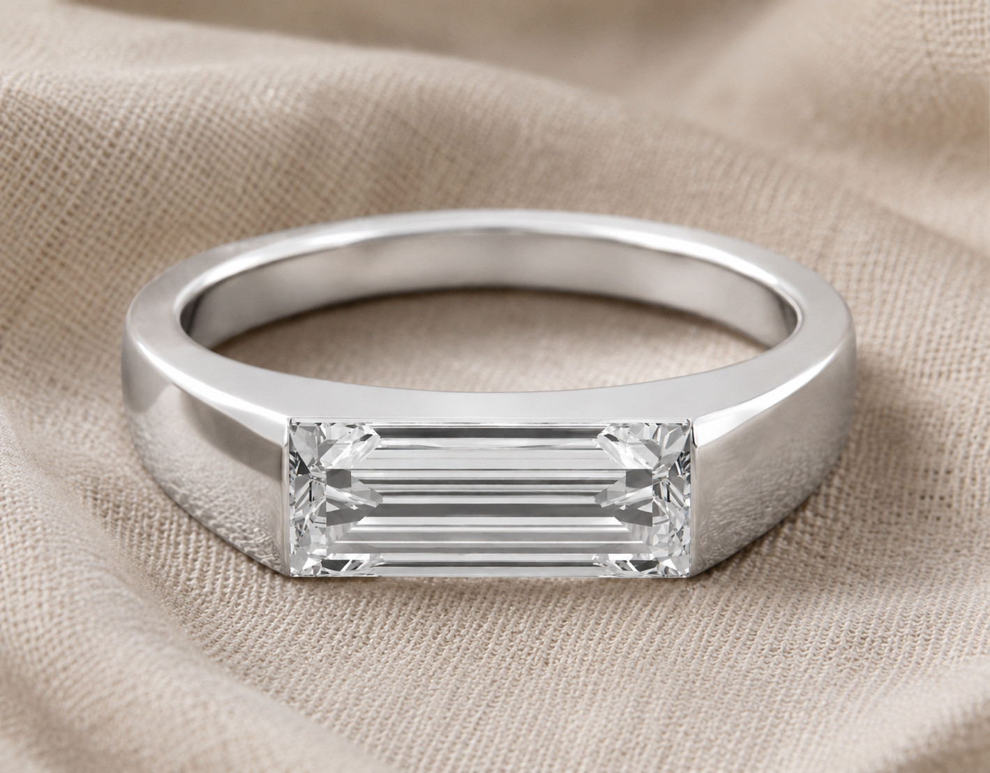 925 Sterling Silver Emerald Cut Cubic Zirconia Bezel Set Engagement Ring Band