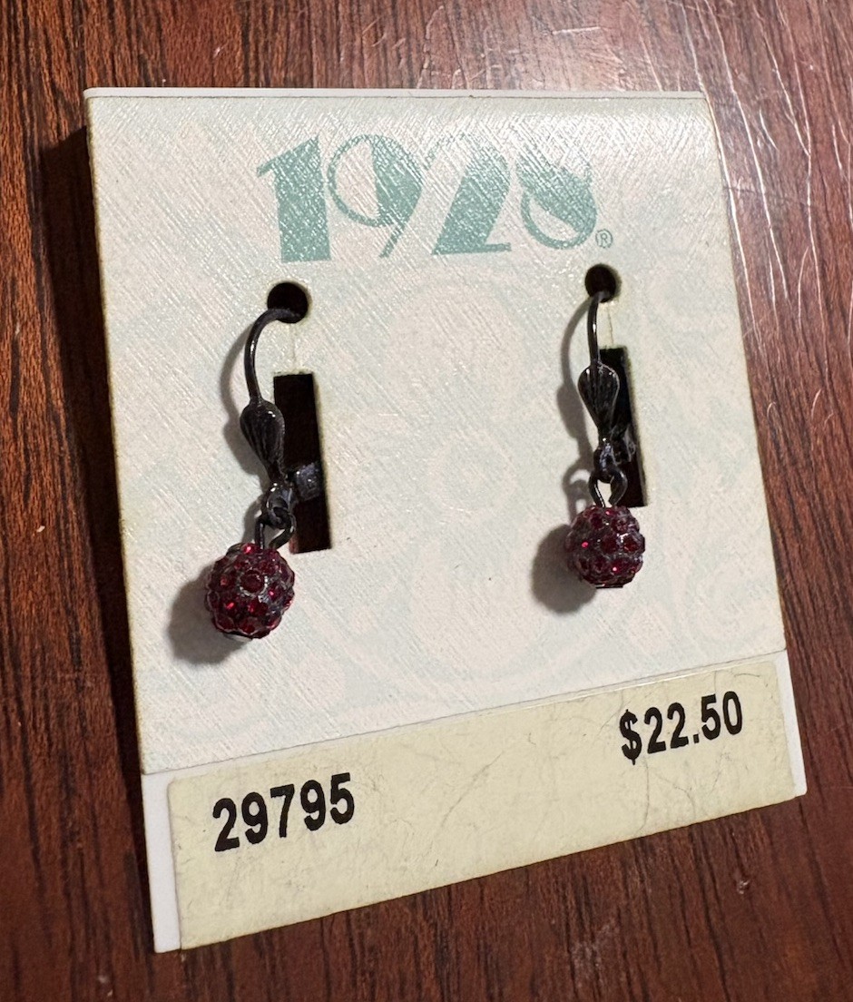 1928 Earrings Dark Metal Dark Red Rhinestone Balls Dangle NWT