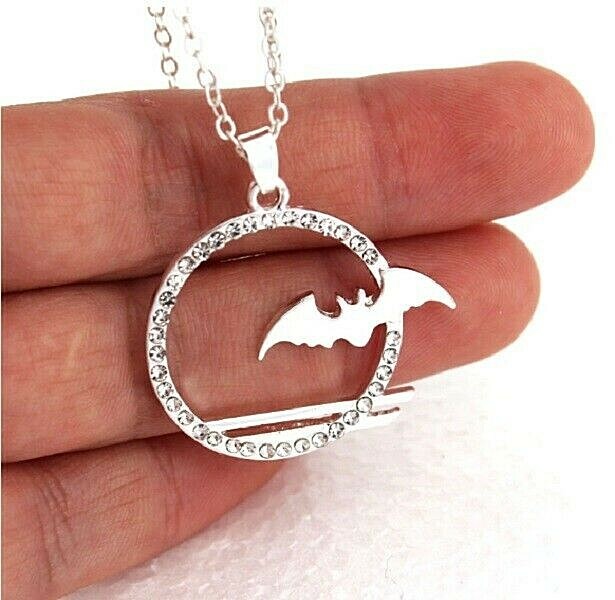 Silver 1-1/4″ BAT in Rhinestone MOON Pendant Necklace 16″ Chain (#X38)