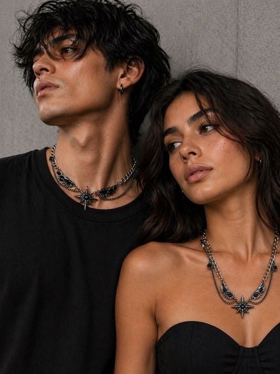 Unisex Black Stainless Steel Star & Wing Chain Necklace