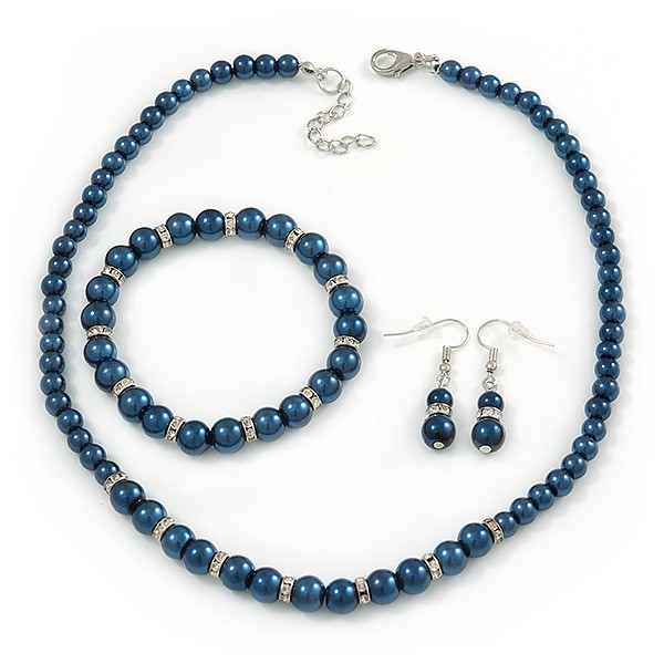 6mm, 8mm Inky Blue Glass/ Crystal Bead Set In Silver Plating – 42cm L/ 5cm Ext