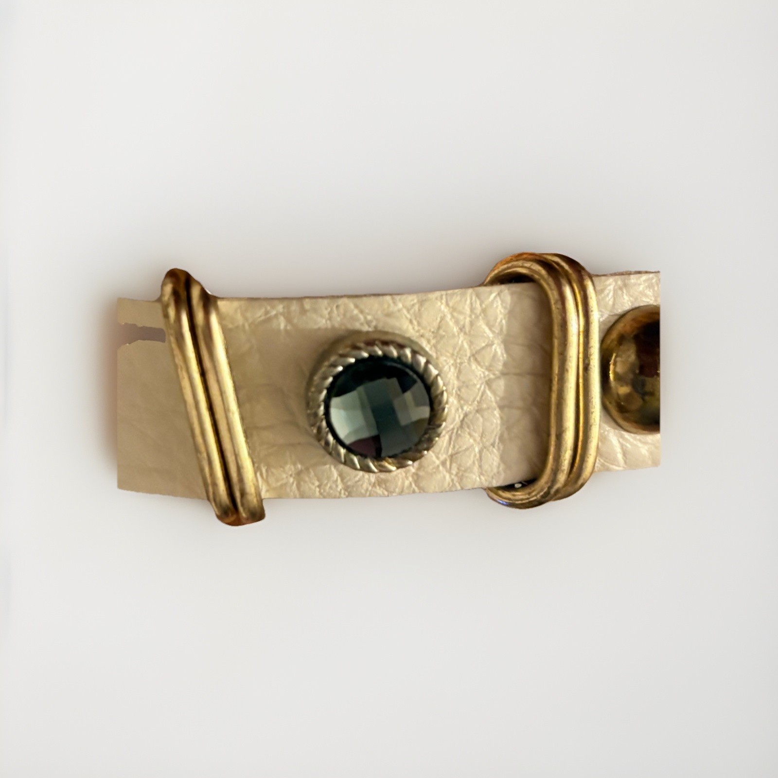 Vintage King Star Beige Leather Cuff Bracelet, with Crystals and snaps 7”-8”