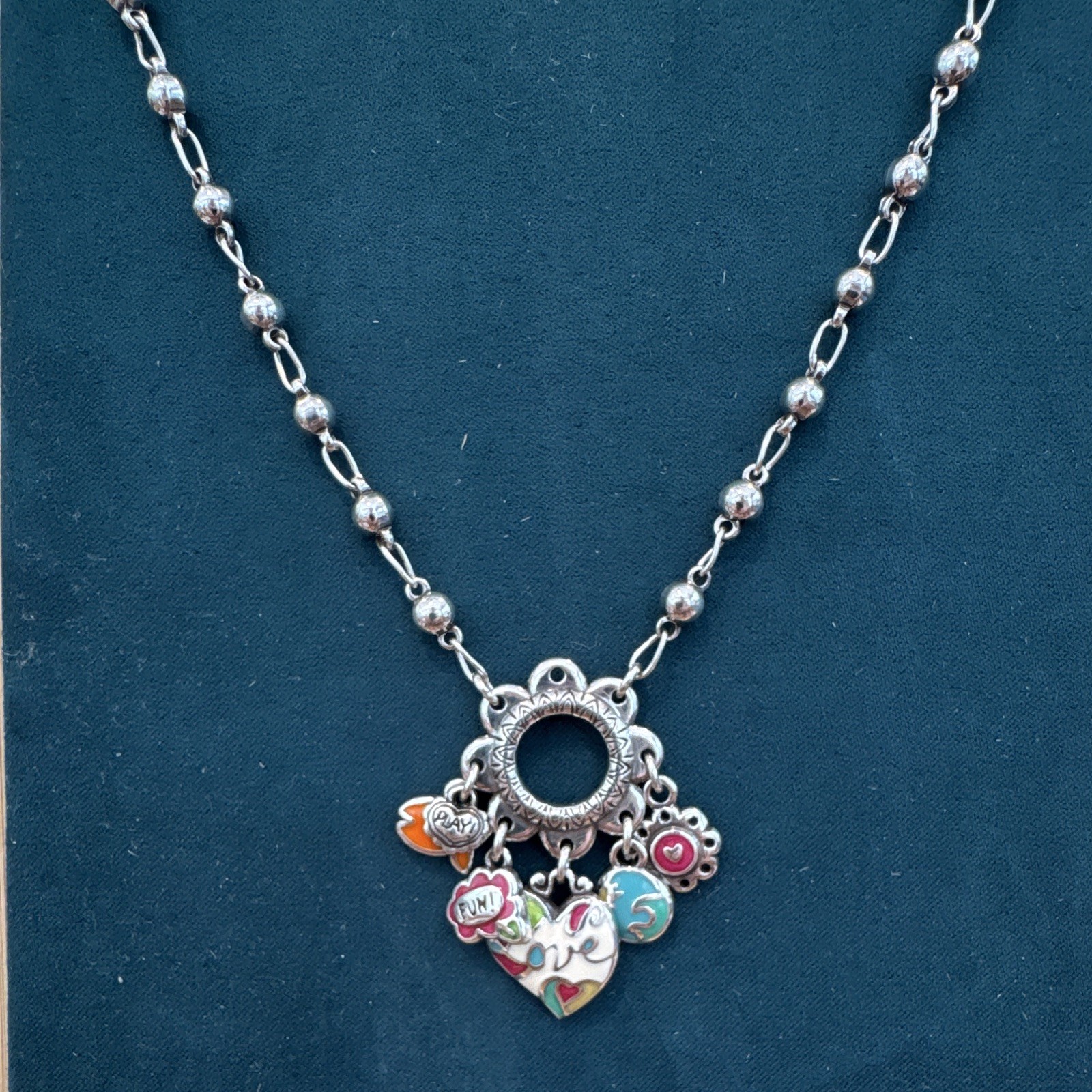Retired Brighton Sea Frolic Charm Holder Necklace Silver Enamel With Box & Tin