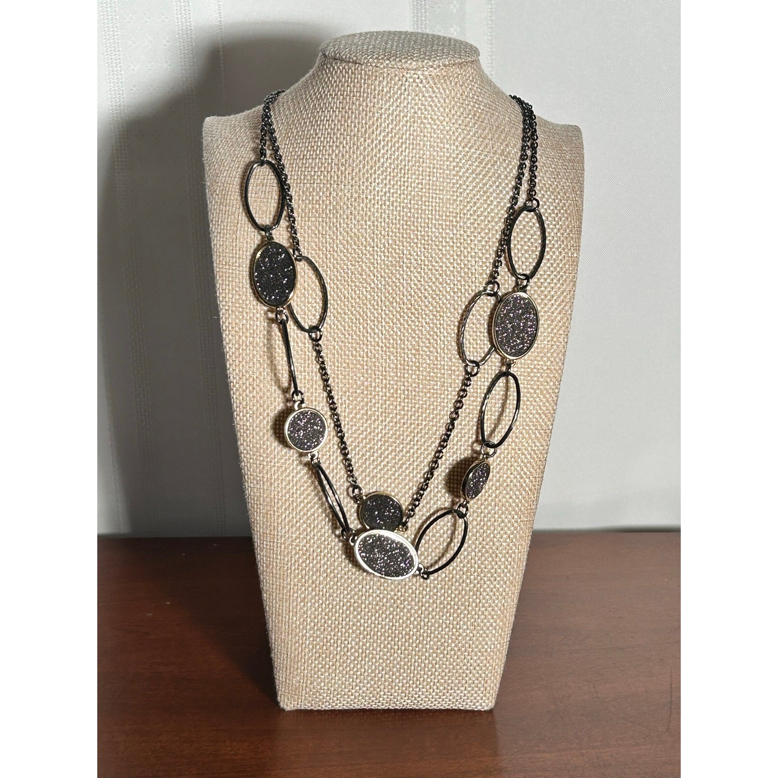 Gunmetal Tone Necklace Sparkling Black Crystal Resin Oval Links Statement Chain