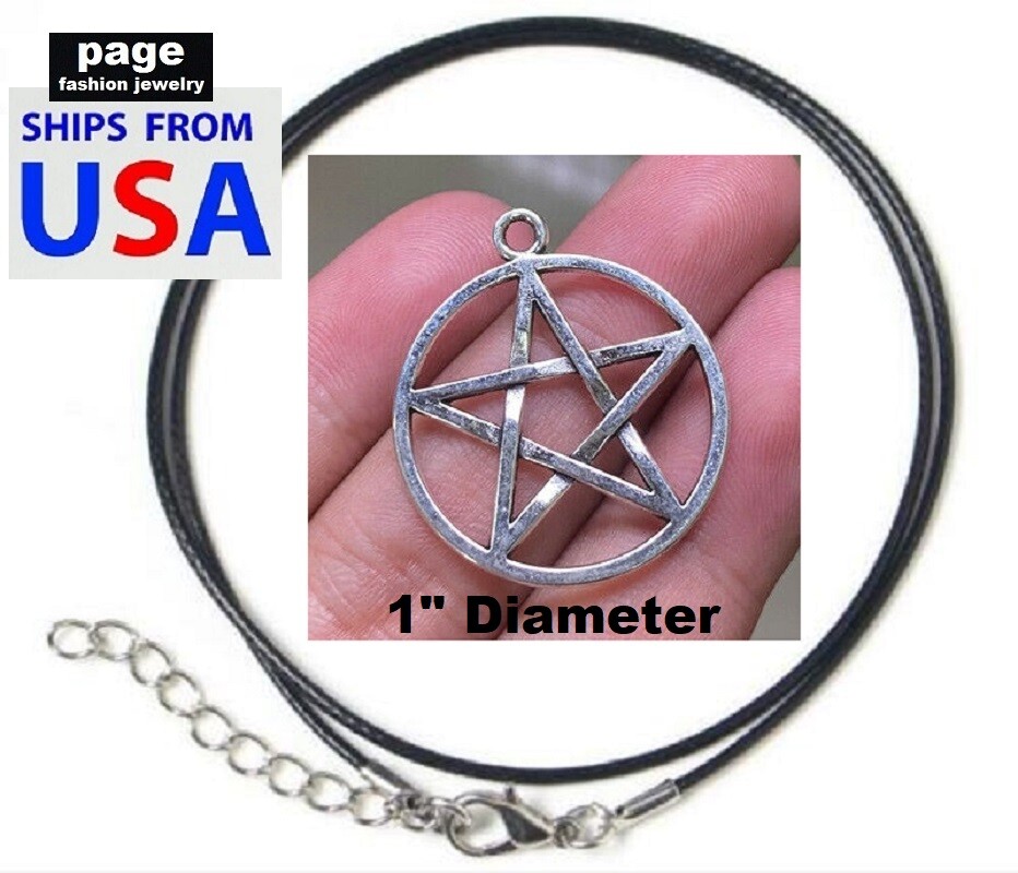 Leather* 2mm Braid Cord 18″ Necklace / 1″ Antique Silver Tone Pentagram Jewelry