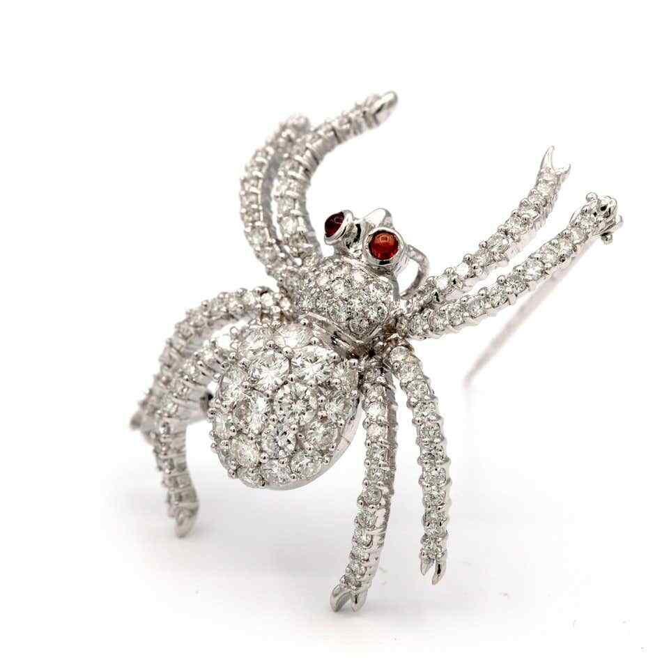 Sparkly Spider Brooch With White Round Brilliant White CZ & 2 Small Rubies Eyes