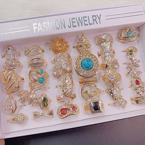 Wholesale 20pcs Lot Inlaid turquoise Crystal Stone Mix Style Metal Jewelry Ring