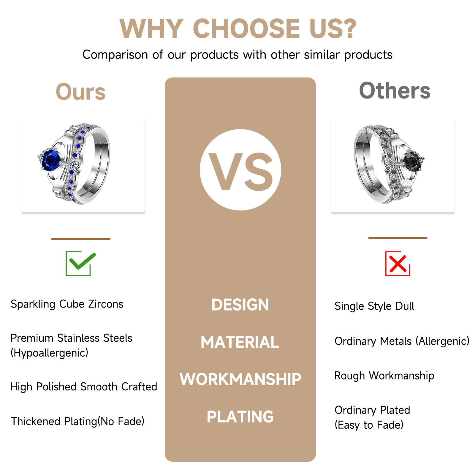 Men Women Detachable Couple Rings 2pcs Set CZ Promise Wedding Engagement Band