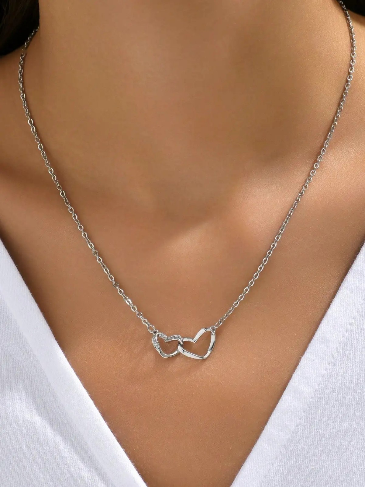 Tiny Double Hollow Heart Necklace Women Love Pendant Chain Valentine Gift