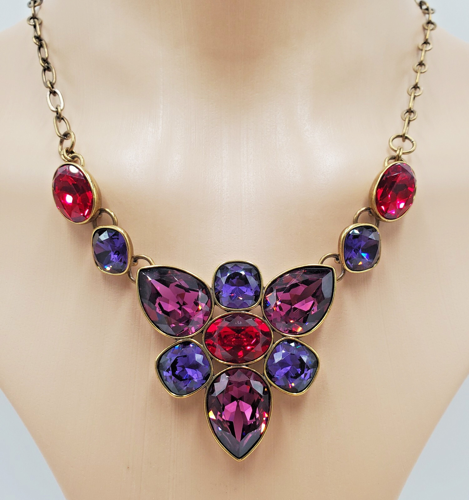 Swarovski Crystal Necklace 18in Brass Tone Red Blue Purple Crystallized TC NEW