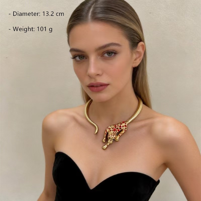 Leopard Statement Choker Necklace Gold Tone Crystal Animal Collar Necklace Women