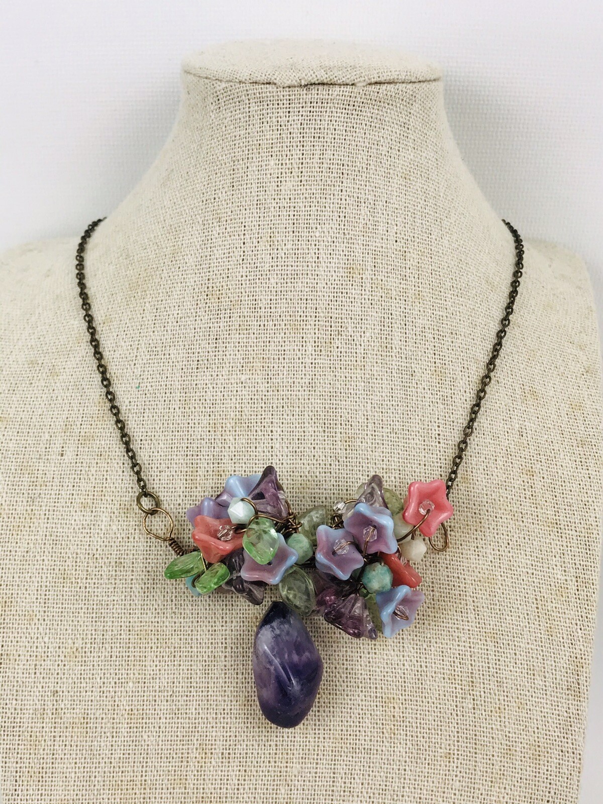 Amethyst Cluster Stone Drop Wire Wrap Necklace Glass Flower 18.5″
