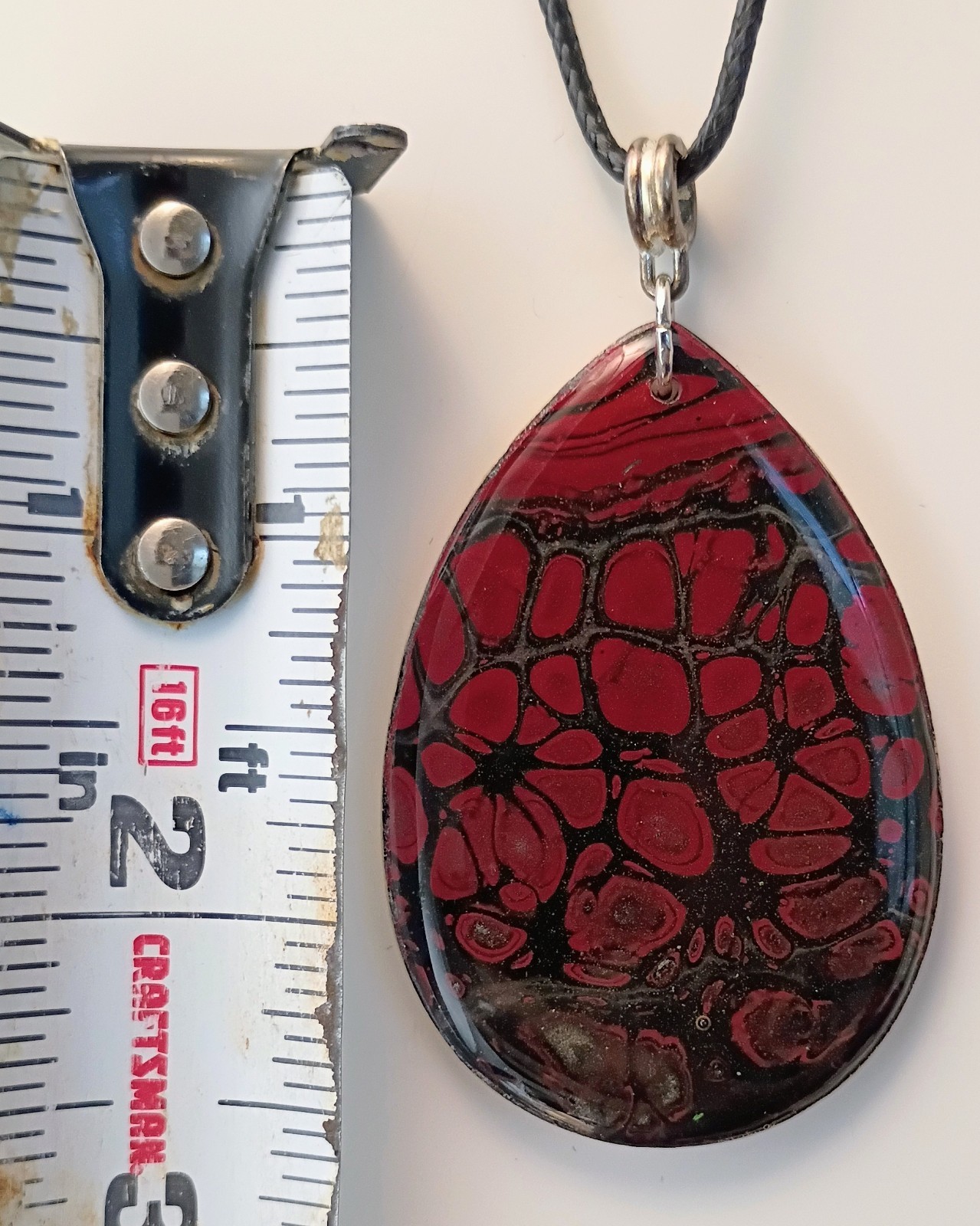 Hand Painted Necklace On Wood w/ Silver Toned Fitting & Black Cord Lightweight