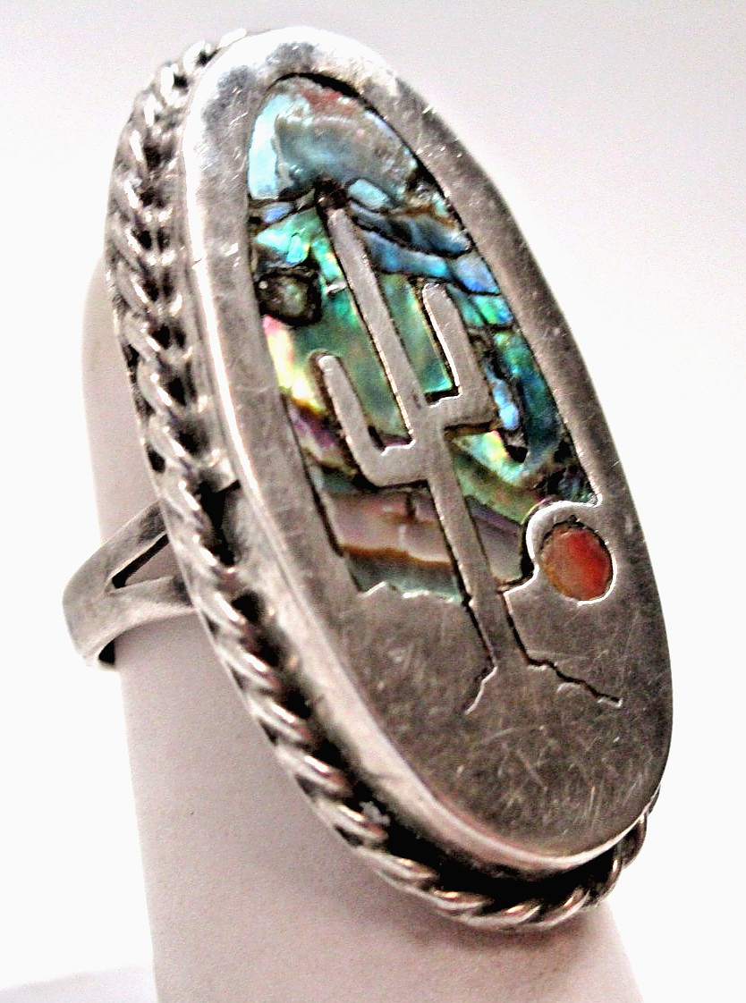 1970 Vintage Sterling Silver Hopi Zuni Inlaid Abalone Sunset Cactus Ring
