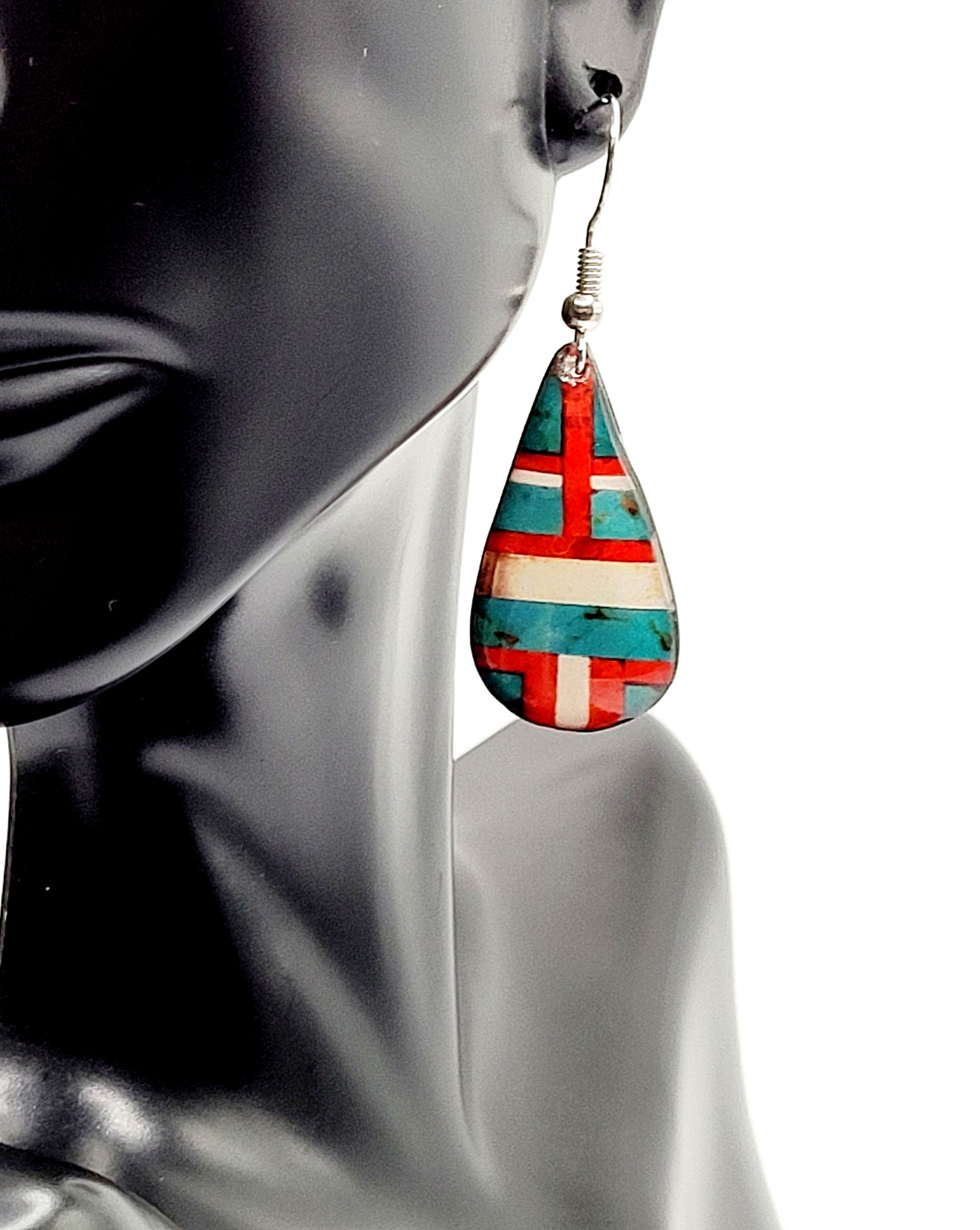 Southwest Style False Mosaic Inlay Teardrop Slab Colorful Pierced Hook Earrings