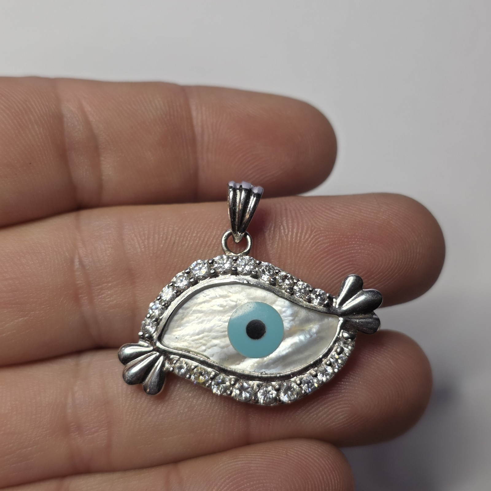 Vintage Sterling Turquoise CZ Evil Eye Pendant Amulet