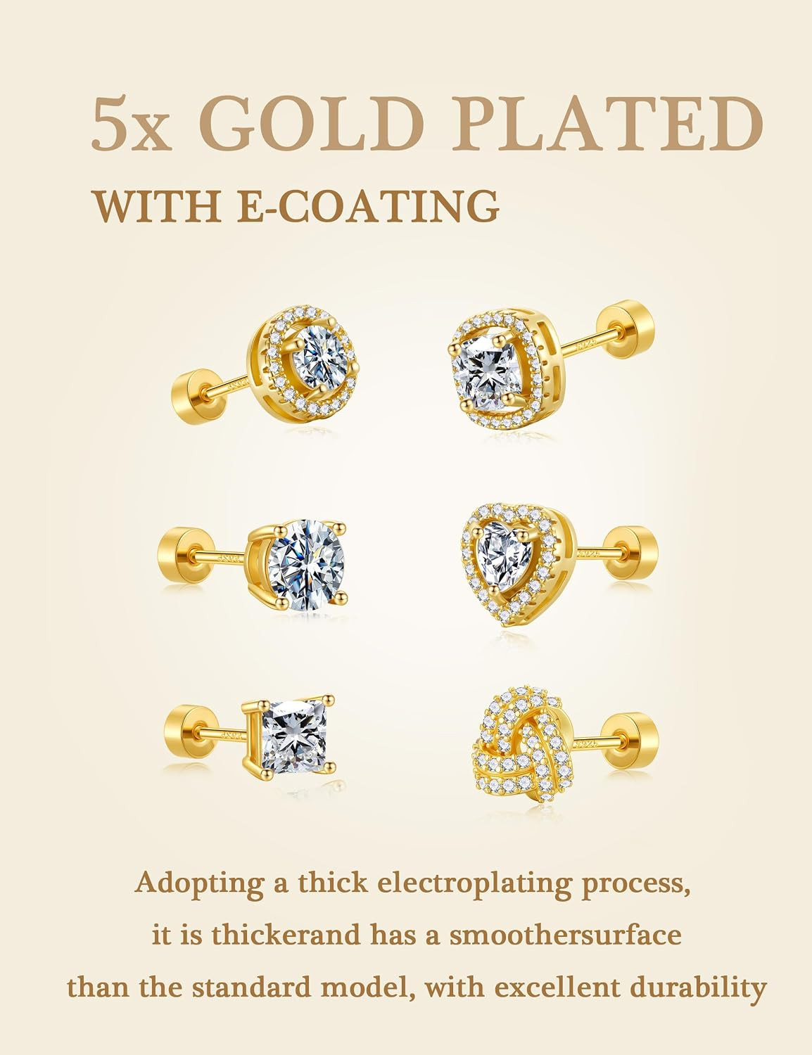 6 Pairs Hypoallergenic Flat Back Stud Earrings Set for Women – 14K Gold/Silver P