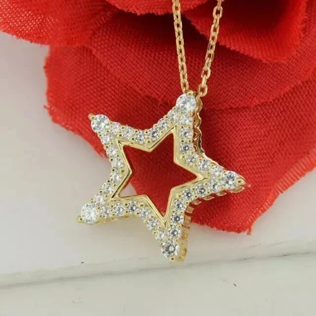 14k Yellow Gold Plated 1.50Ct Round Simulated Diamond Star Pendant Free 18″Chain