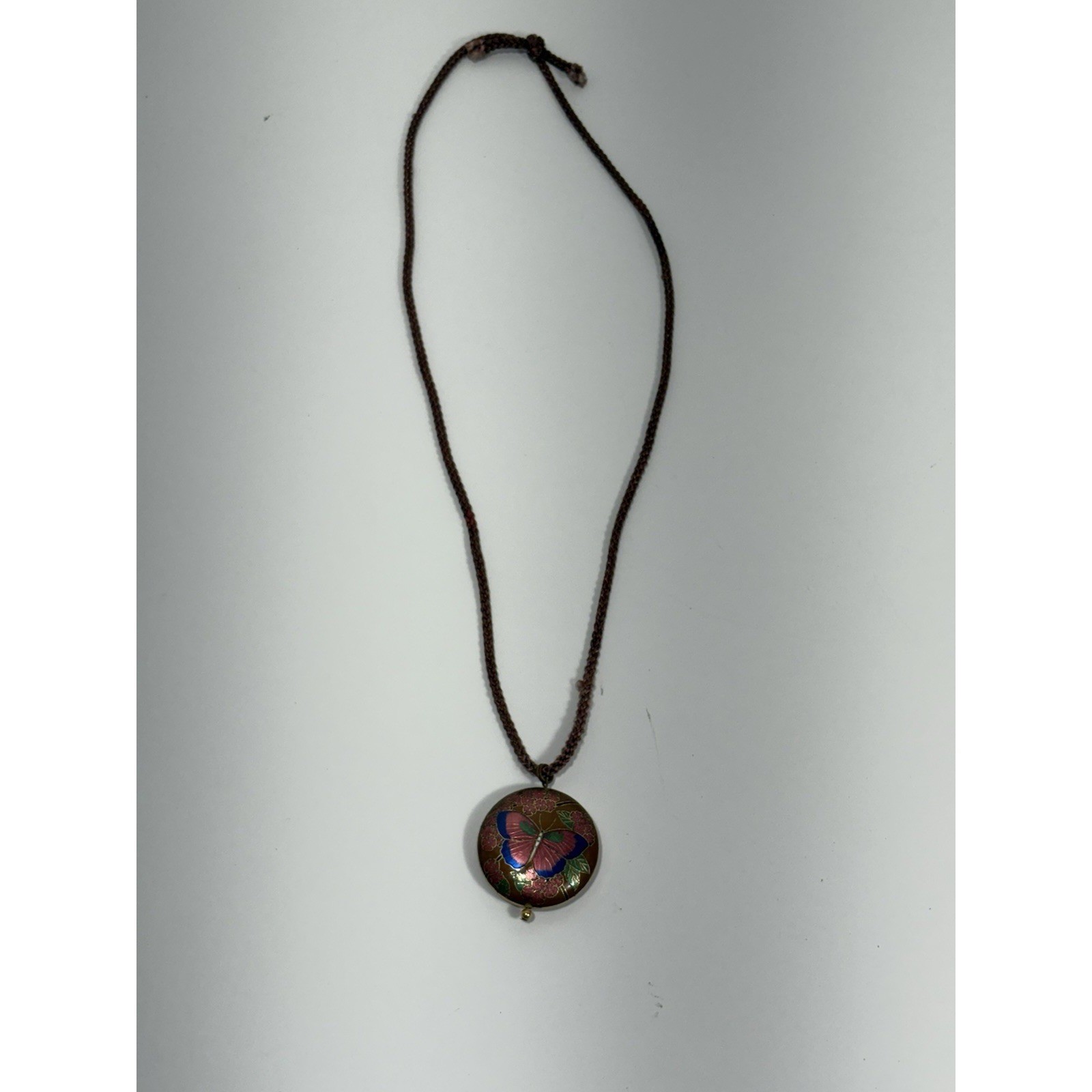 Vintage Cloisonne Butterfly Pendant Necklace Braided Cord Enamel Floral Bronze