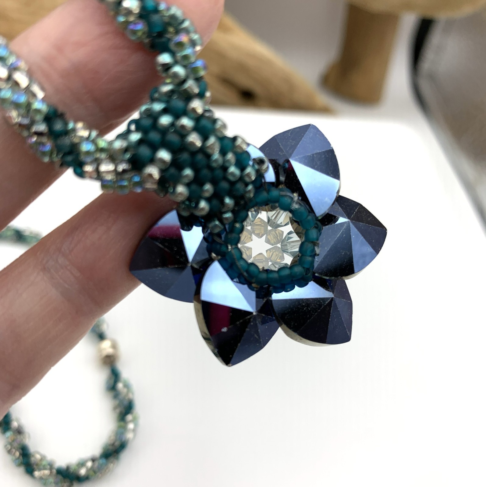 Swarovski Crystal Blue Flower & Peyote Stitch Cord, 10Kt Clasp Removable Pendant