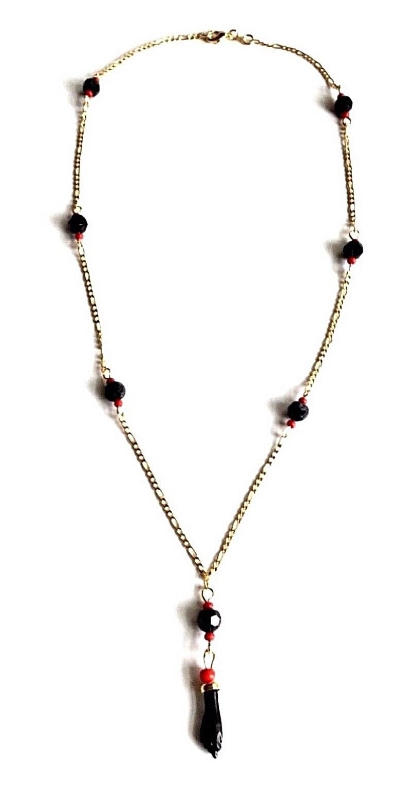 18K GOLD FILLED CADENA DE AZABACHE/AZABACHE (FIGA HAND) FIGARO NECKLACE – N96