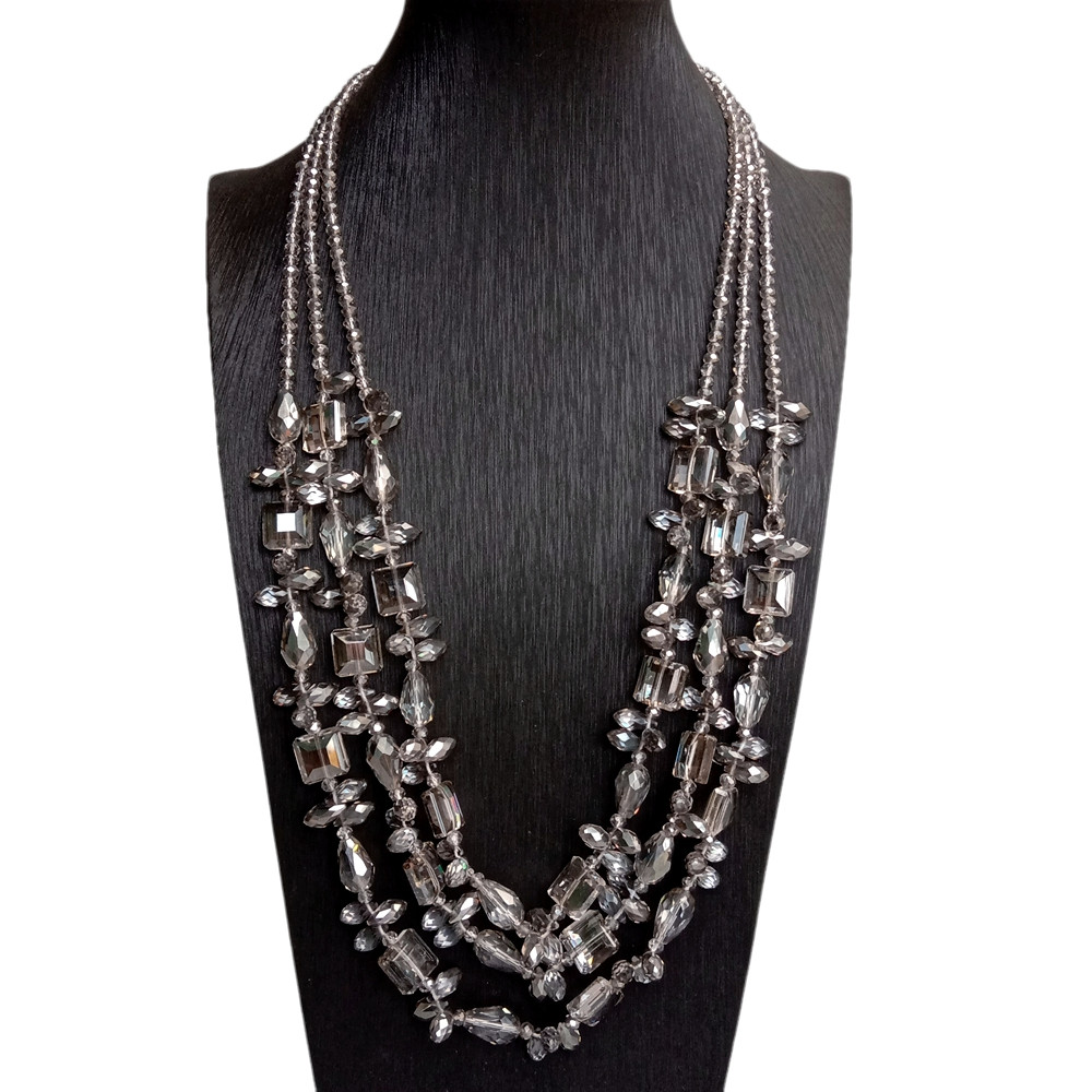 3 Rows 13mm Gray Crystal Statement Necklace Women Strand Necklaces