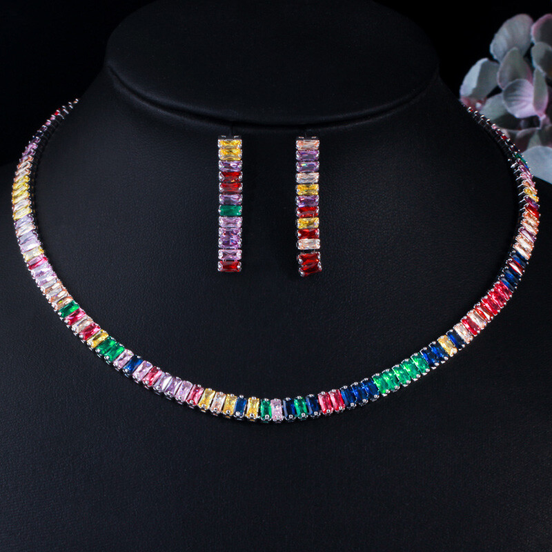 Rectangle 2pc Rainbow Amethyst Citrine Topaz Gems Silver Charm Neckalce Earrings
