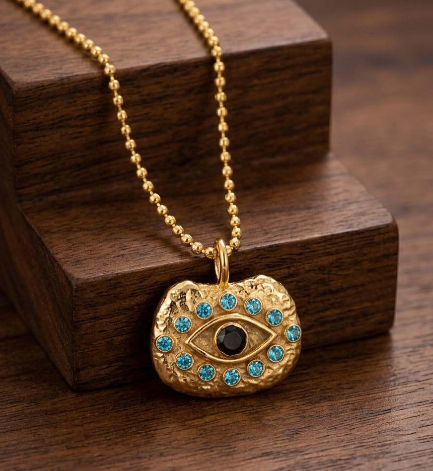Brass Evil Eye Pendant Necklace Blue Crystal Protection Charm Beaded Chain Gift