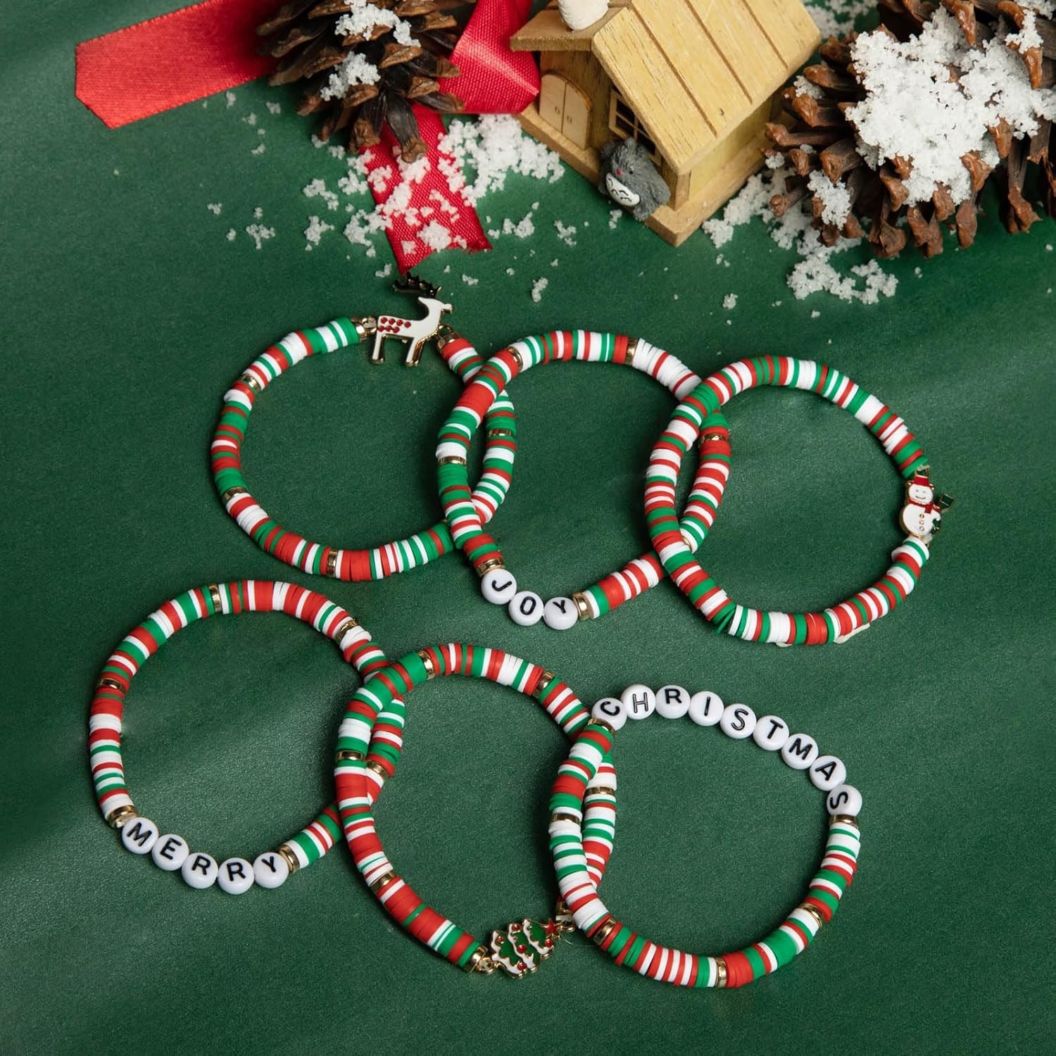 Artlunar 6 Pack Christmas Bracelets: Joy & Merry Candy-Style Stacks for Women &