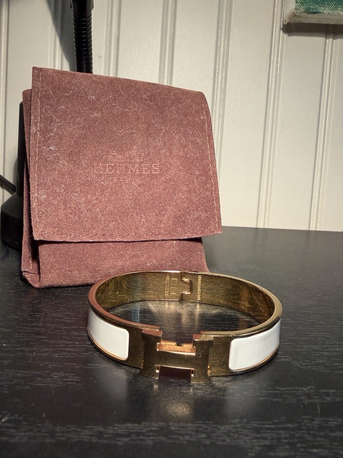 Hermès Clic H Enamel Hinged Bangle Bracelet H Shape Gold White France
