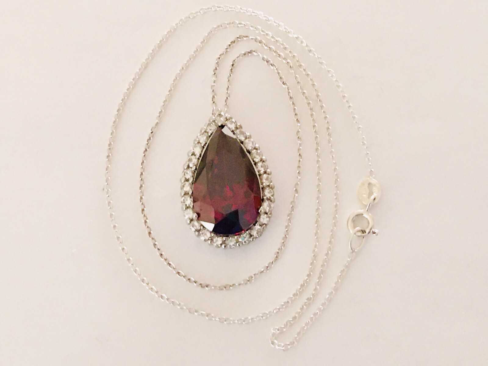 NWOT ~ STERLING SILVER ~ ATI 925 ~ Dk Blood Red Pear CZ Pendant ~18” Necklace