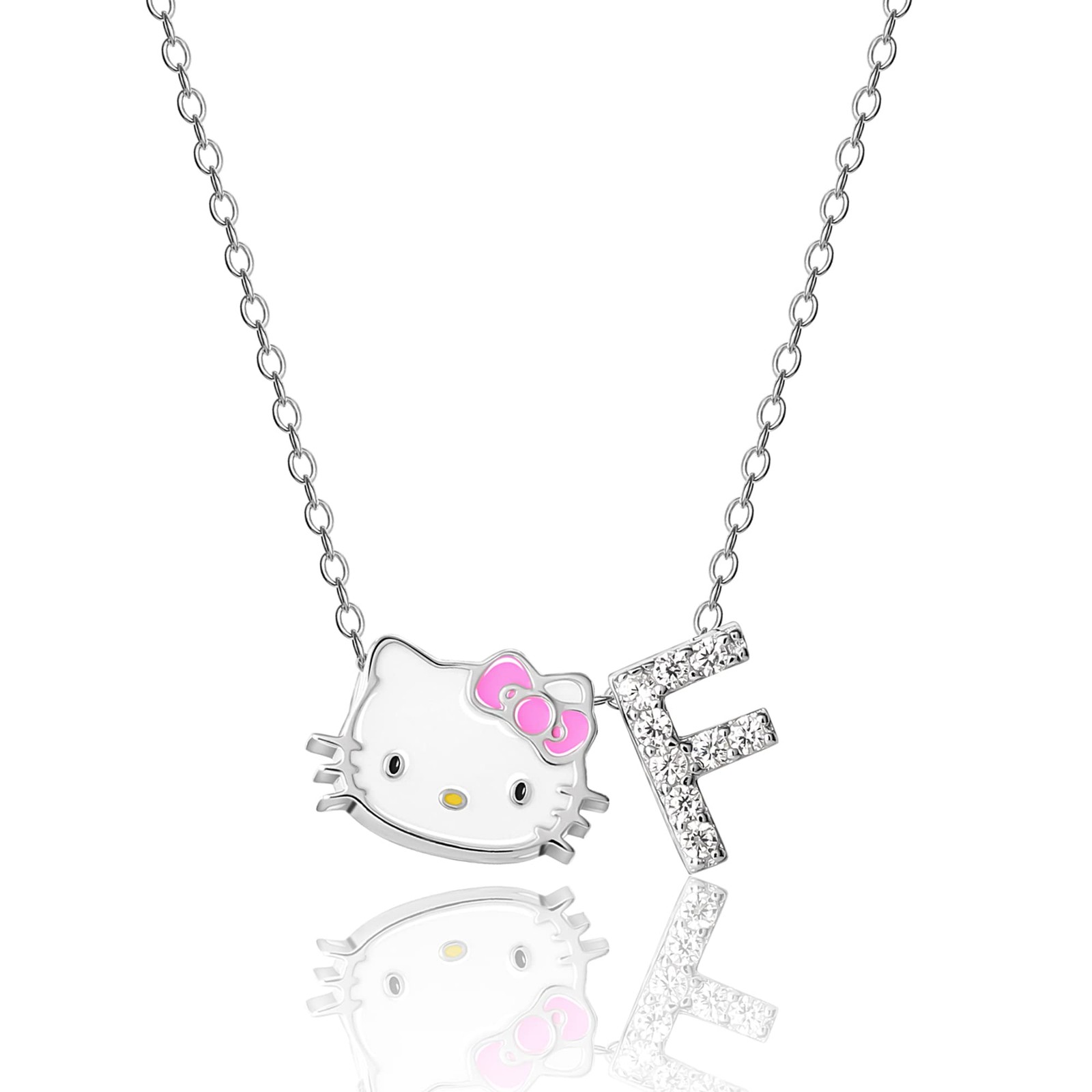 Hello Kitty Necklace for Women with Cubic Zirconia Letter Charm, 18″ Silver F…