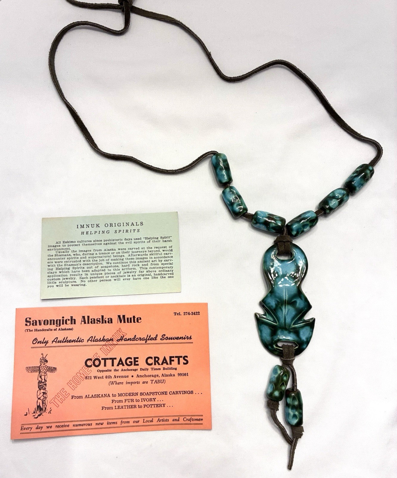 Imnuk Originals (1970’s) Handcrafted Pendant Necklace With Leather Cord