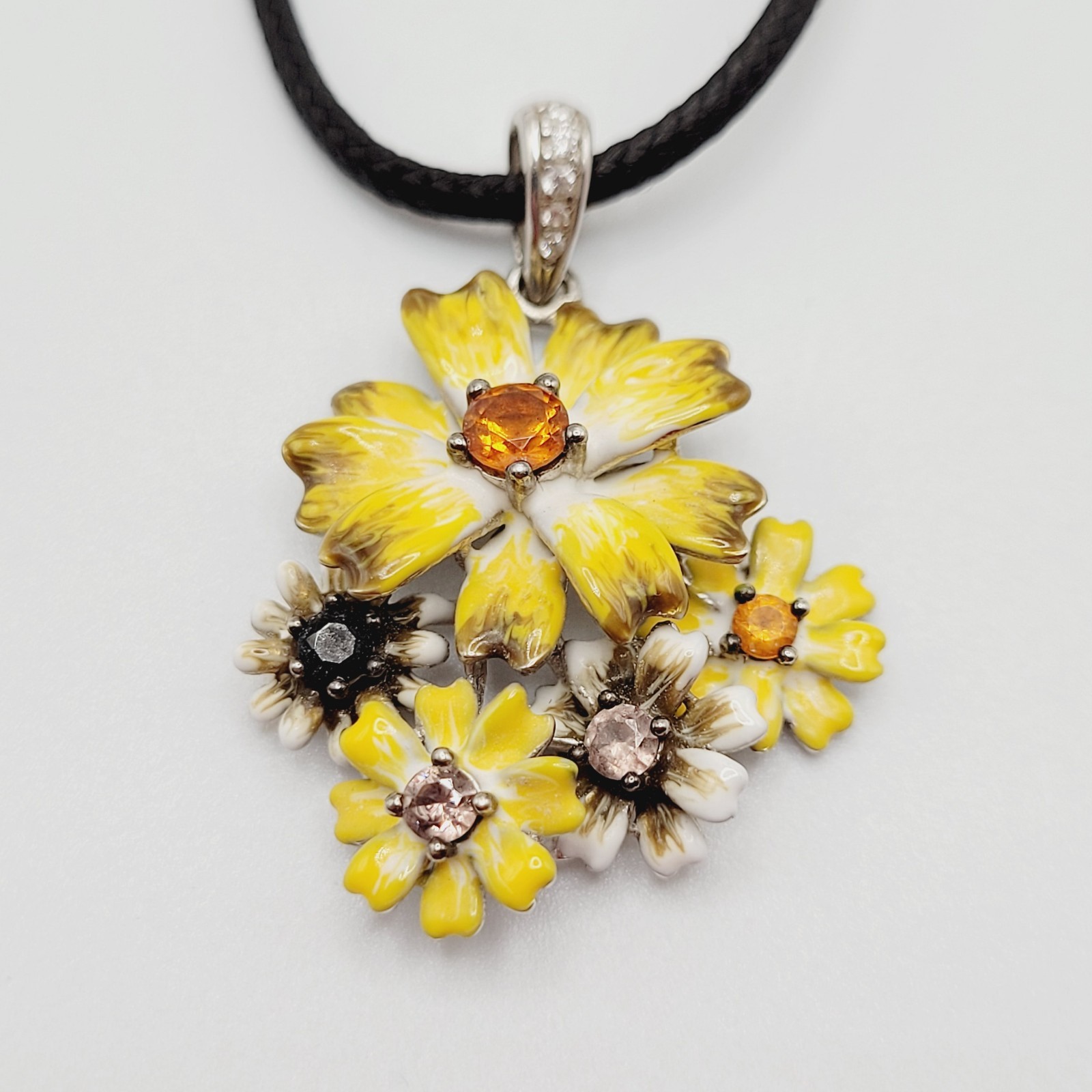 Yellow Flower Floral Bouquet Cluster 925 Pendant Black Cord Necklace 19 Inch