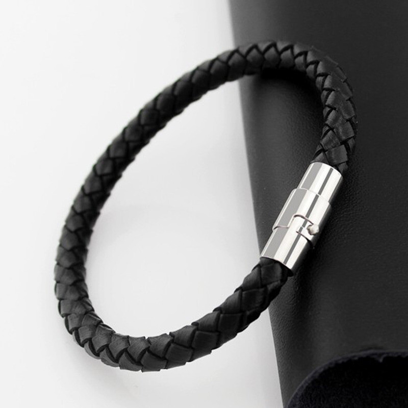 Unisex Men Women Leather Bracelet Steel Magnetic Clasp Braided Wristband Rope