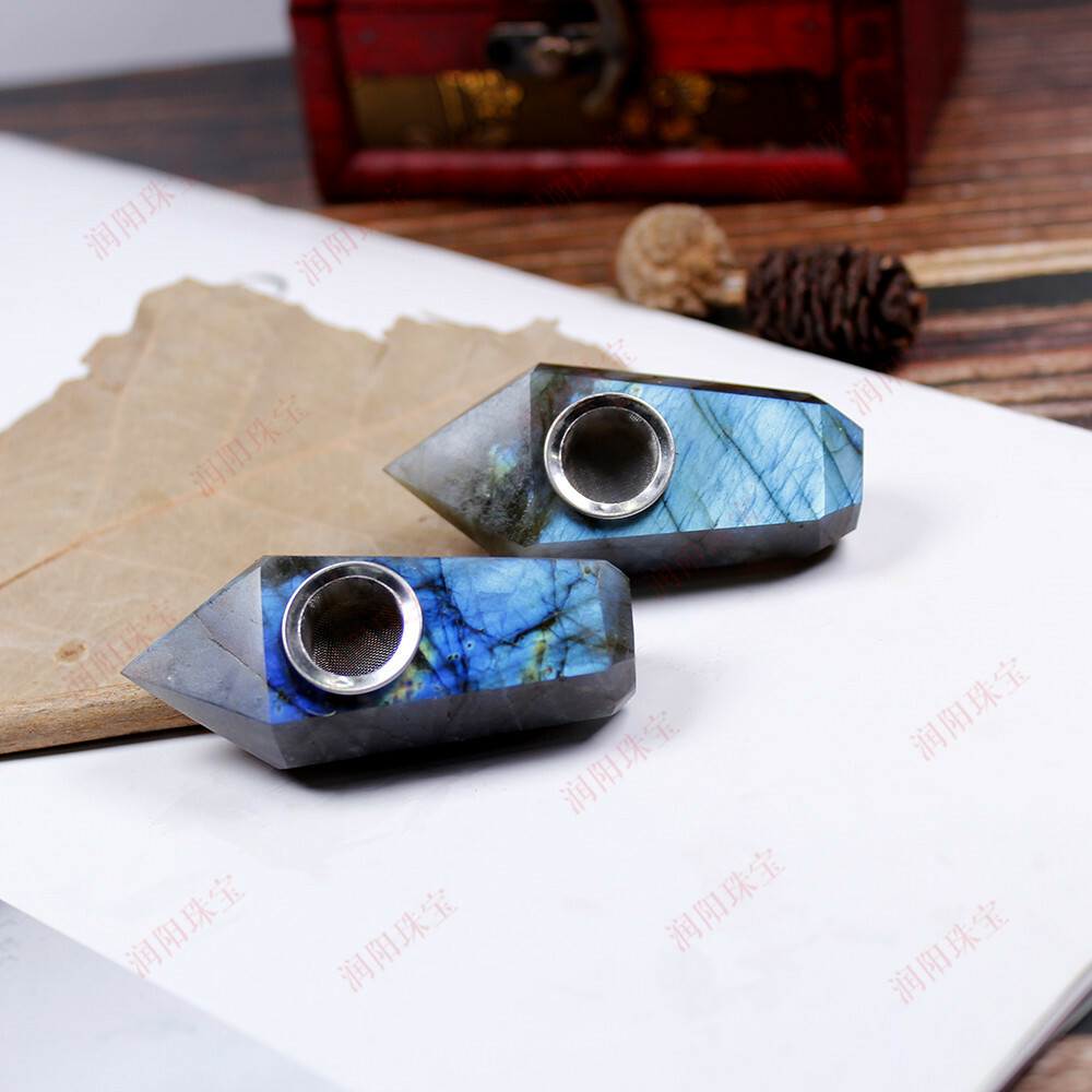 Natural Labradorite Rough Quartz Crystal Point Smoking Pipe Healing Stone Wand