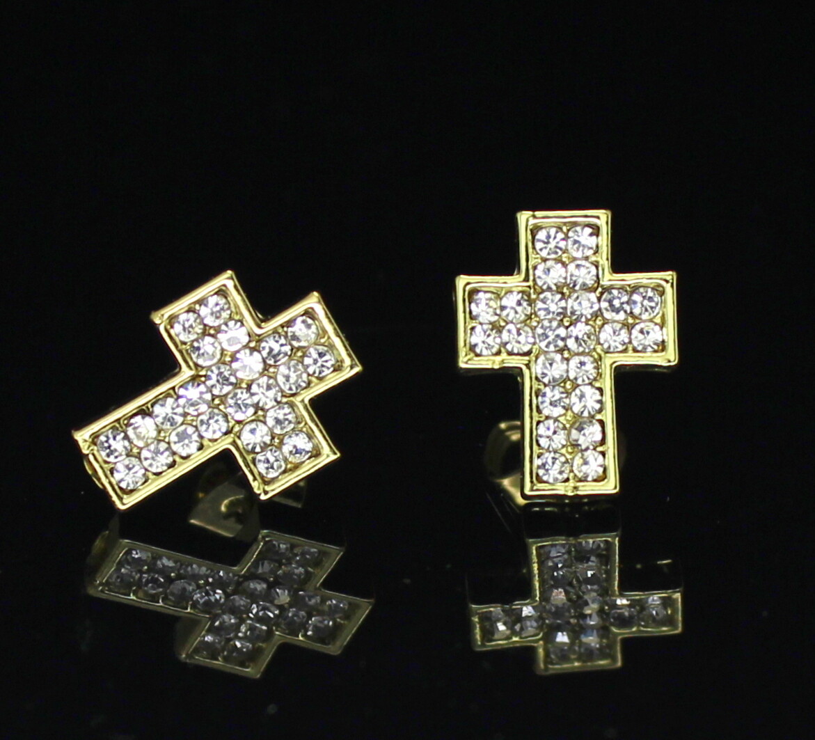 Men Women Cross CZ Earrings Stud Gold Plated Hip Hop Fashion Stainless Steel