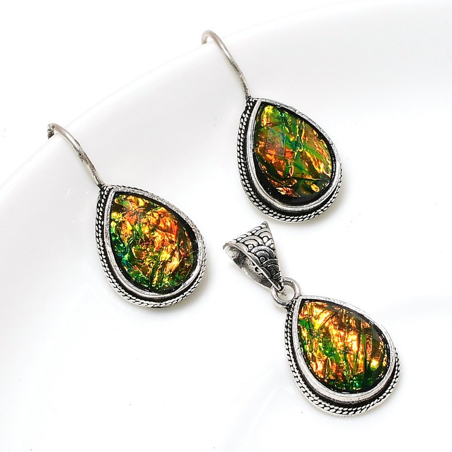 Dichroic Glass 925 Silver Plated Handmade Pendant & Earrings Set of 25″