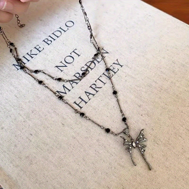 Women’s Dark Butterfly Pendant Necklace Double Layered Collarbone Chain Alloy