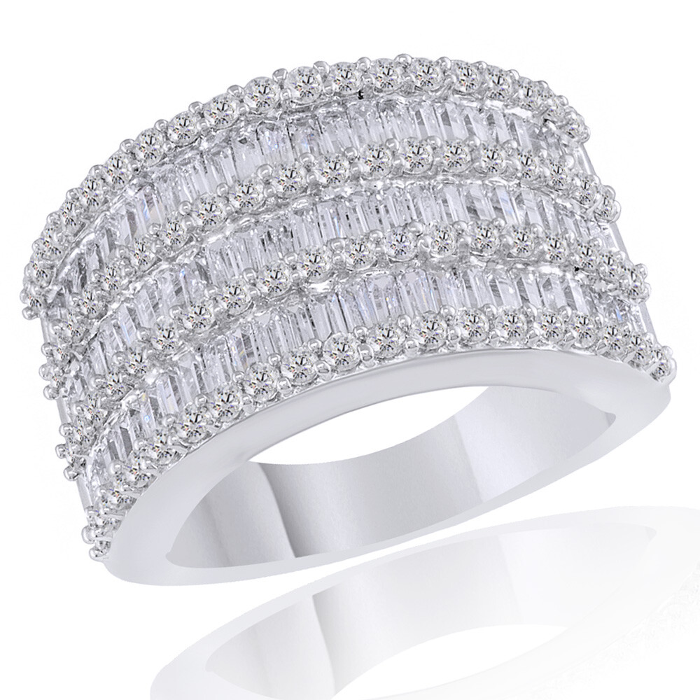 Round & Baguette Cut Simulated Diamond Band Ring Solid Sterling Silver 925