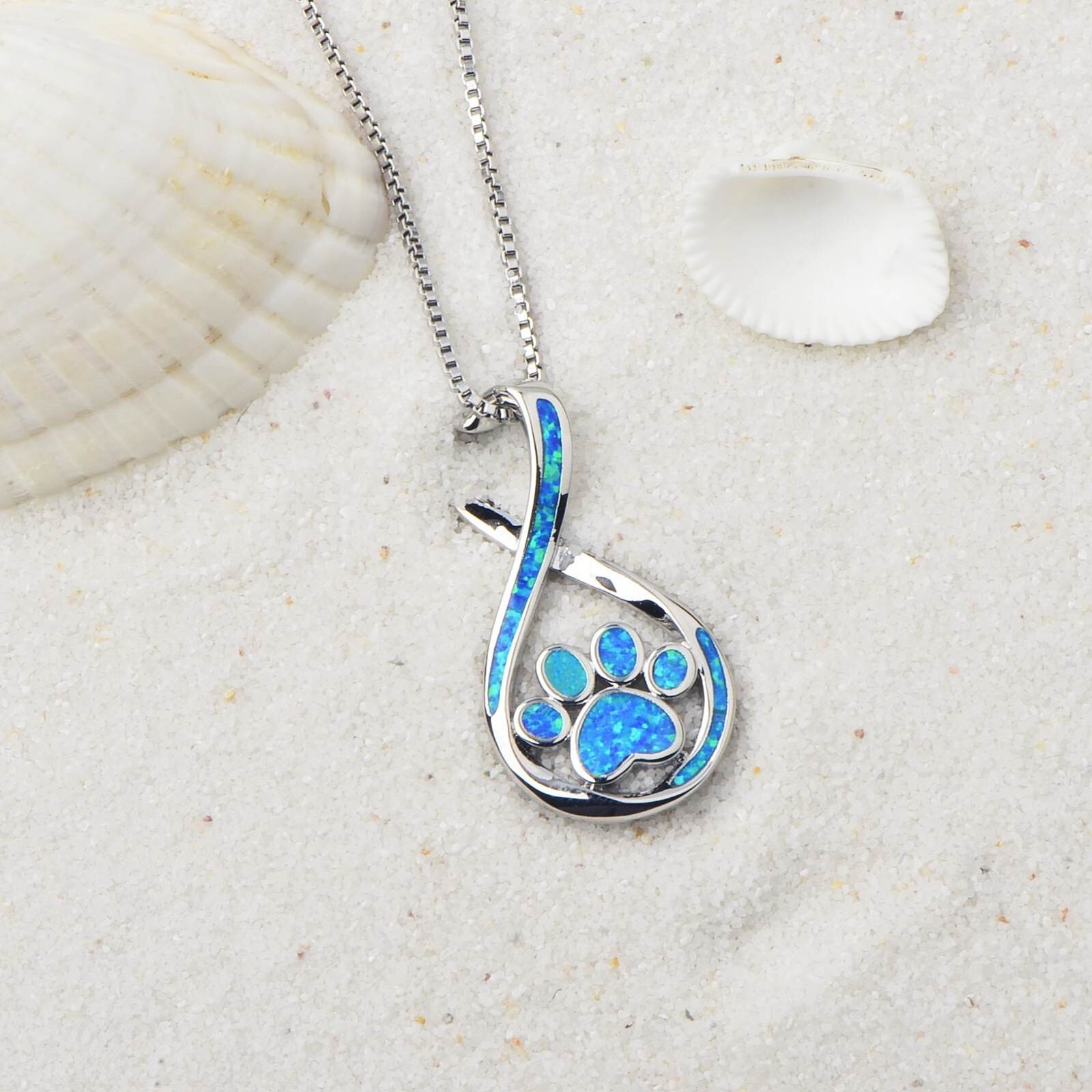 Hawaii Beach Blue Fire Opal Dog Paw Necklace Silver Filled For Women Girl