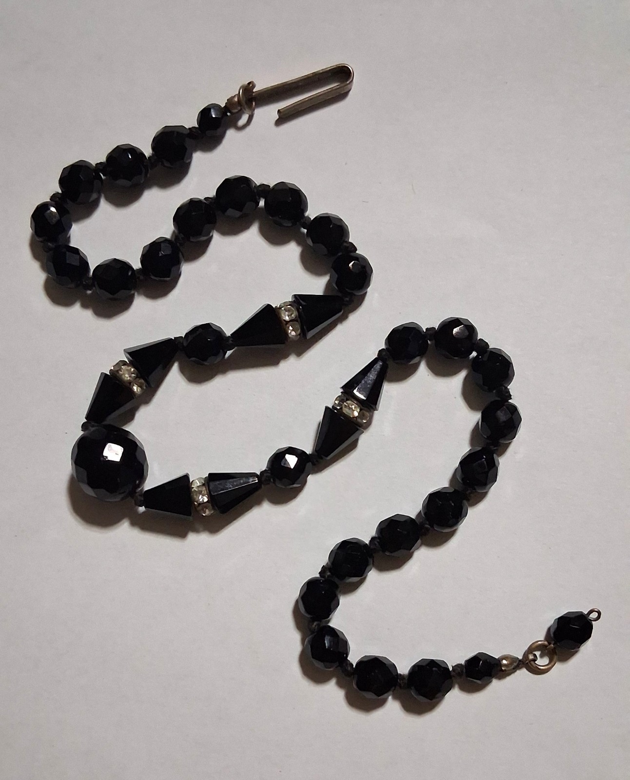 Deco Necklace VTG Austrian Crystal Black Faceted Beads wt Rhinestone Spacers