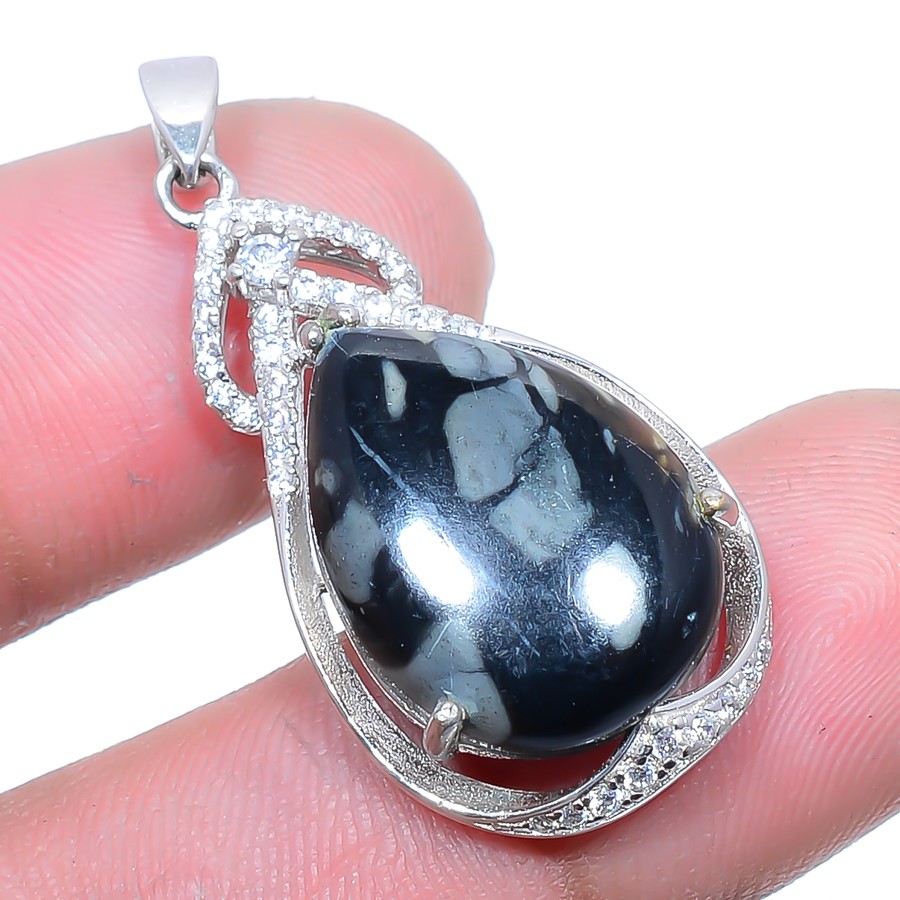 Picasso Jasper & Cz Gemstone 925 Sterling Silver Pendant Jewelry 1.4″ T37